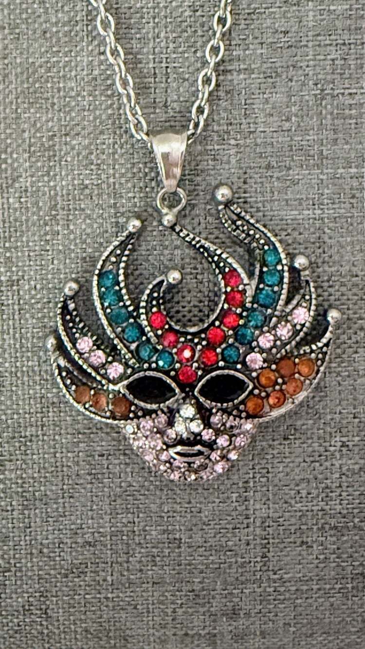 Mardi Gras Masquerade Jester Mask Pendant Necklace Multicolor Crystals